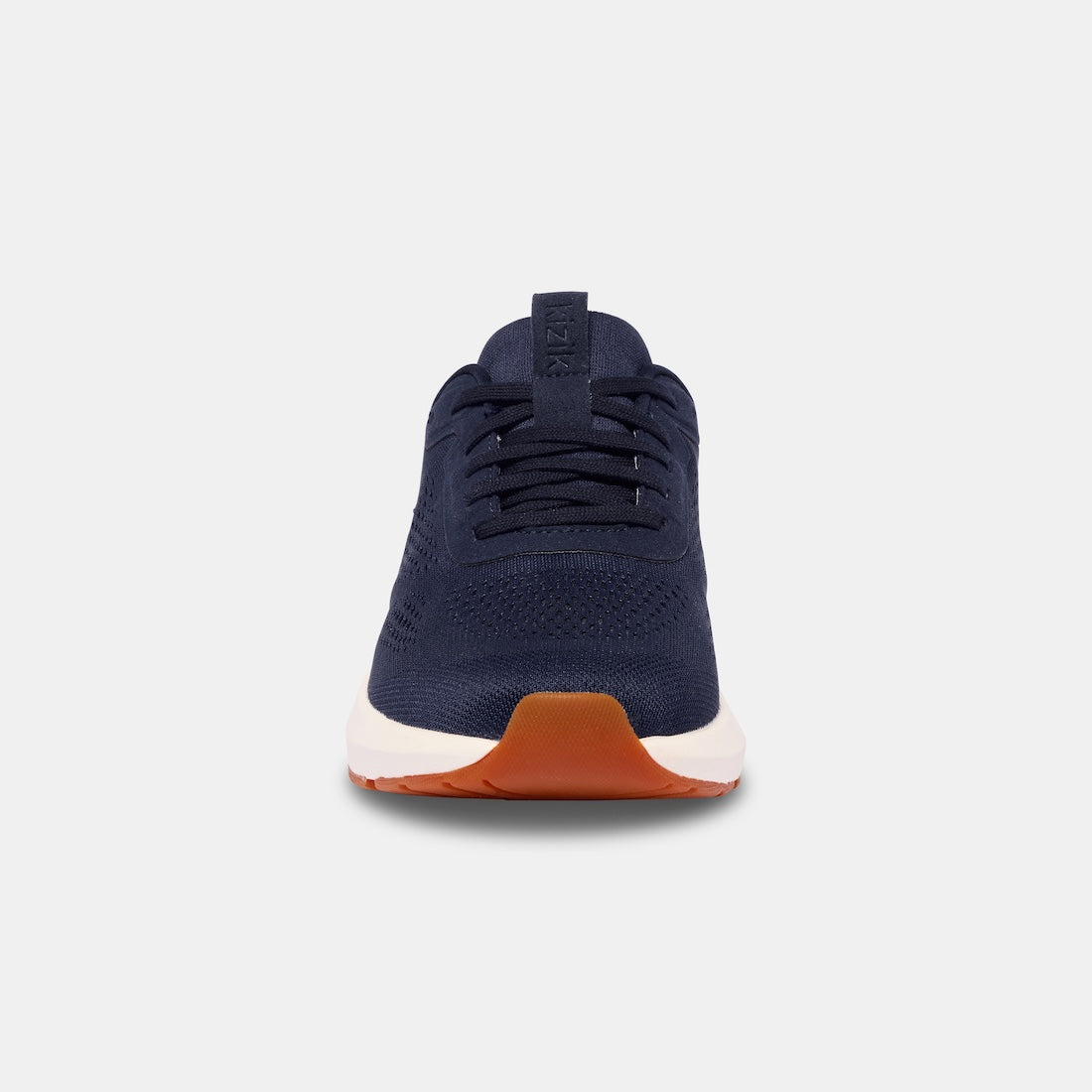 Kizik Athens 2.0 men's navy leather slip-on trainers with arch support, breathable mesh upper, and white and orange sole.