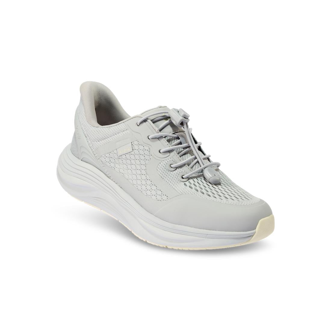 Kizik London Ladies Harbor Mist Leather & Textile Arch Support Slip-On Trainers, lightweight white athletic shoes with breathable mesh and supportive sole.