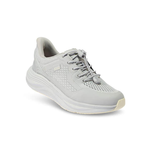 Kizik London Ladies Harbor Mist Leather & Textile Arch Support Slip-On Trainers, lightweight white athletic shoes with breathable mesh and supportive sole.