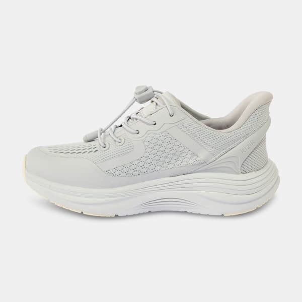 Kizik London Ladies Harbor Mist Leather and Textile Slip-On Trainers with arch support, lightweight design, and textured fabric.