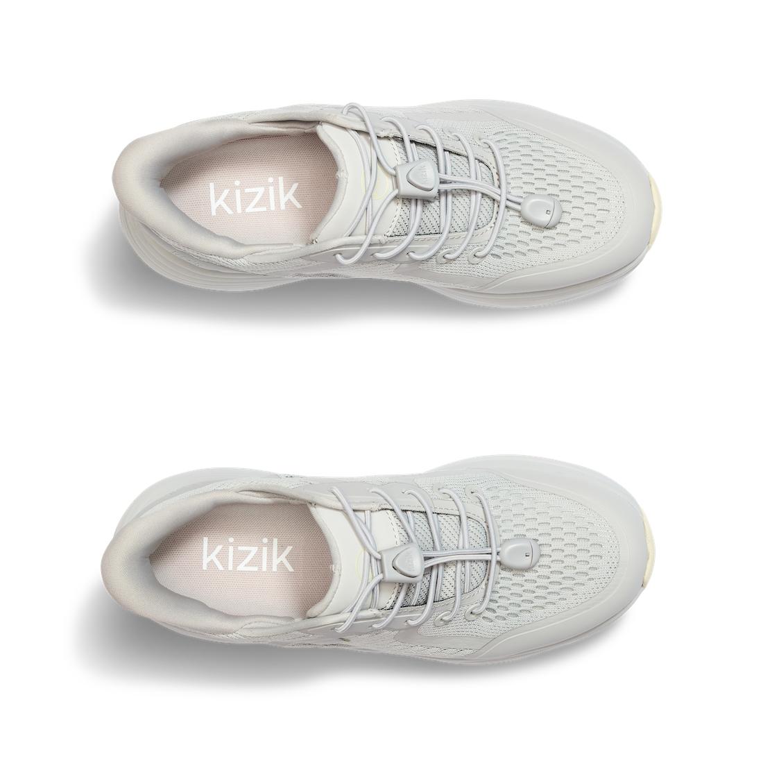 Kizik London Ladies Harbor Mist leather textile slip-on trainers with arch support and lace-up design, top view.