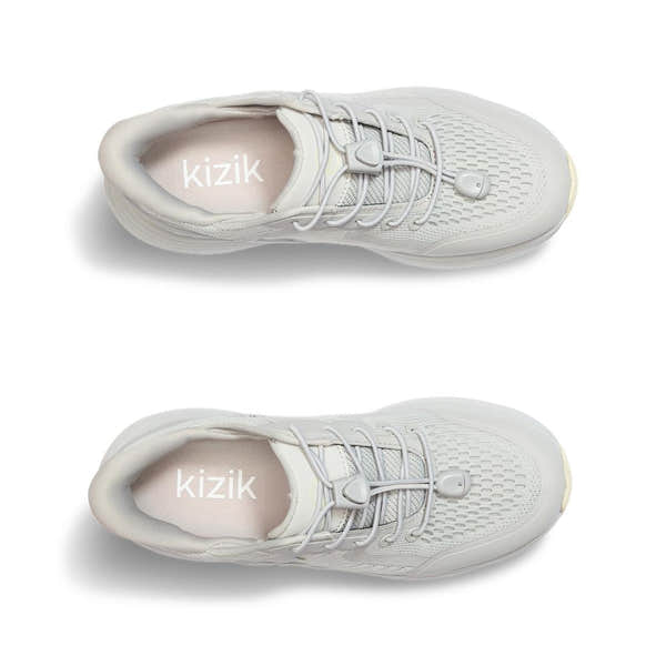 Kizik London Ladies Harbor Mist leather textile slip-on trainers with arch support and lace-up design, top view.