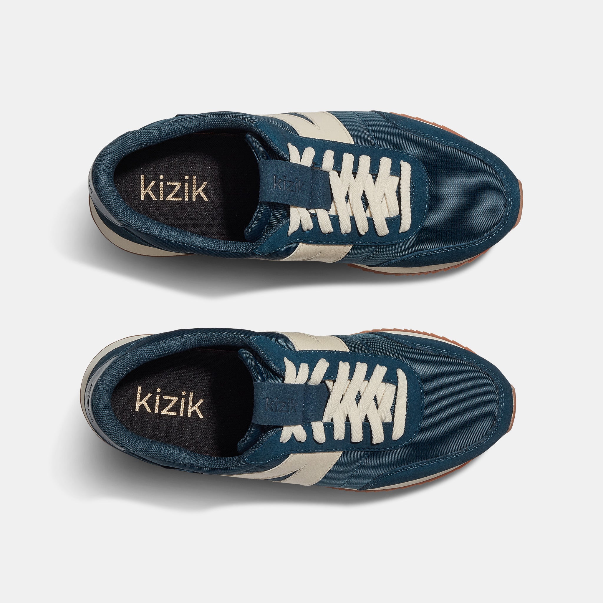 Kizik Milan Unisex Tidepool Leather and Textile Arch Support Slip-On Trainers, blue and beige, with white laces.