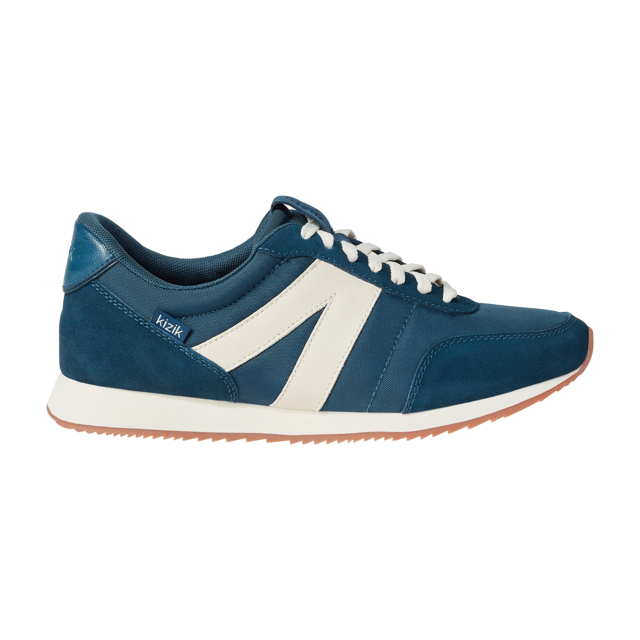 Kizik Milan unisex slip-on trainers with tidepool leather and textile upper, arch support, white side stripe, and rubber sole.
