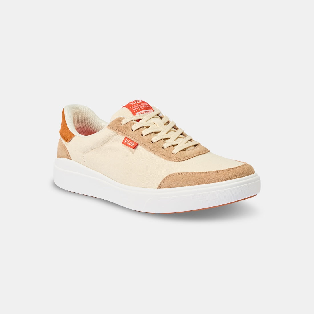 Kizik Prague 2.0 men's slip-on sneakers with white, beige, and gray leather and textile upper, arch support, and white sole.