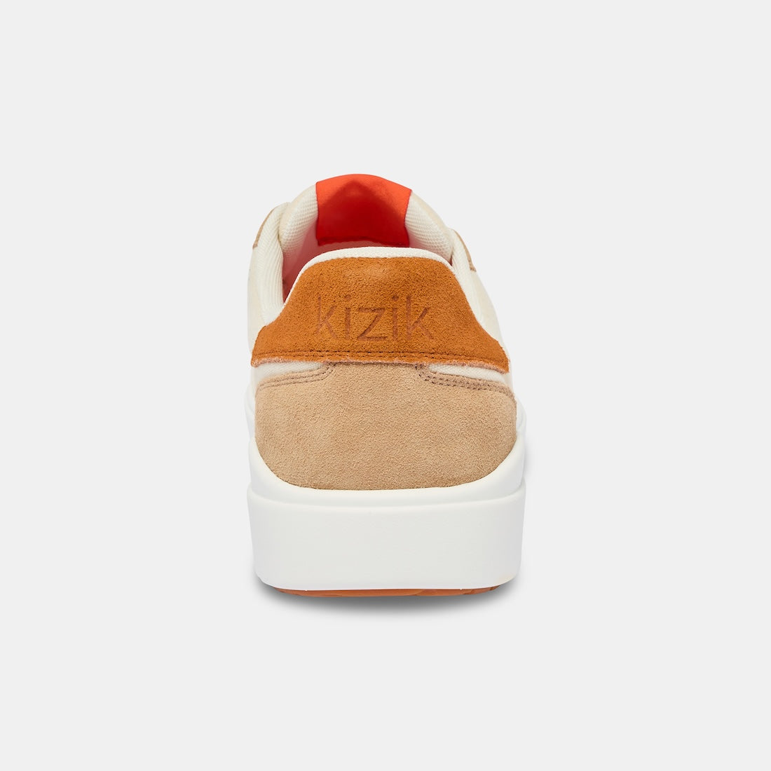 Kizik Prague 2.0 men's slip-on trainers with white, gray leather, textile upper, and arch support, featuring a beige and orange color block design.
