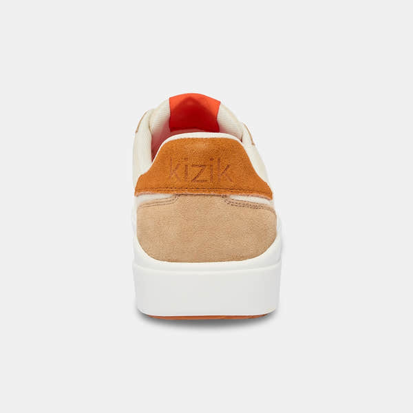Kizik Prague 2.0 men's slip-on trainers with white, gray leather, textile upper, and arch support, featuring a beige and orange color block design.