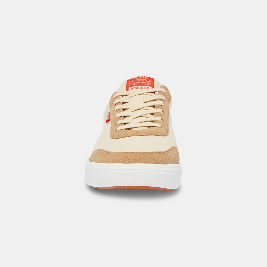 Kizik Prague 2.0 men's slip-on trainers with white, gray, and beige leather and textile design, arch support, and casual style.