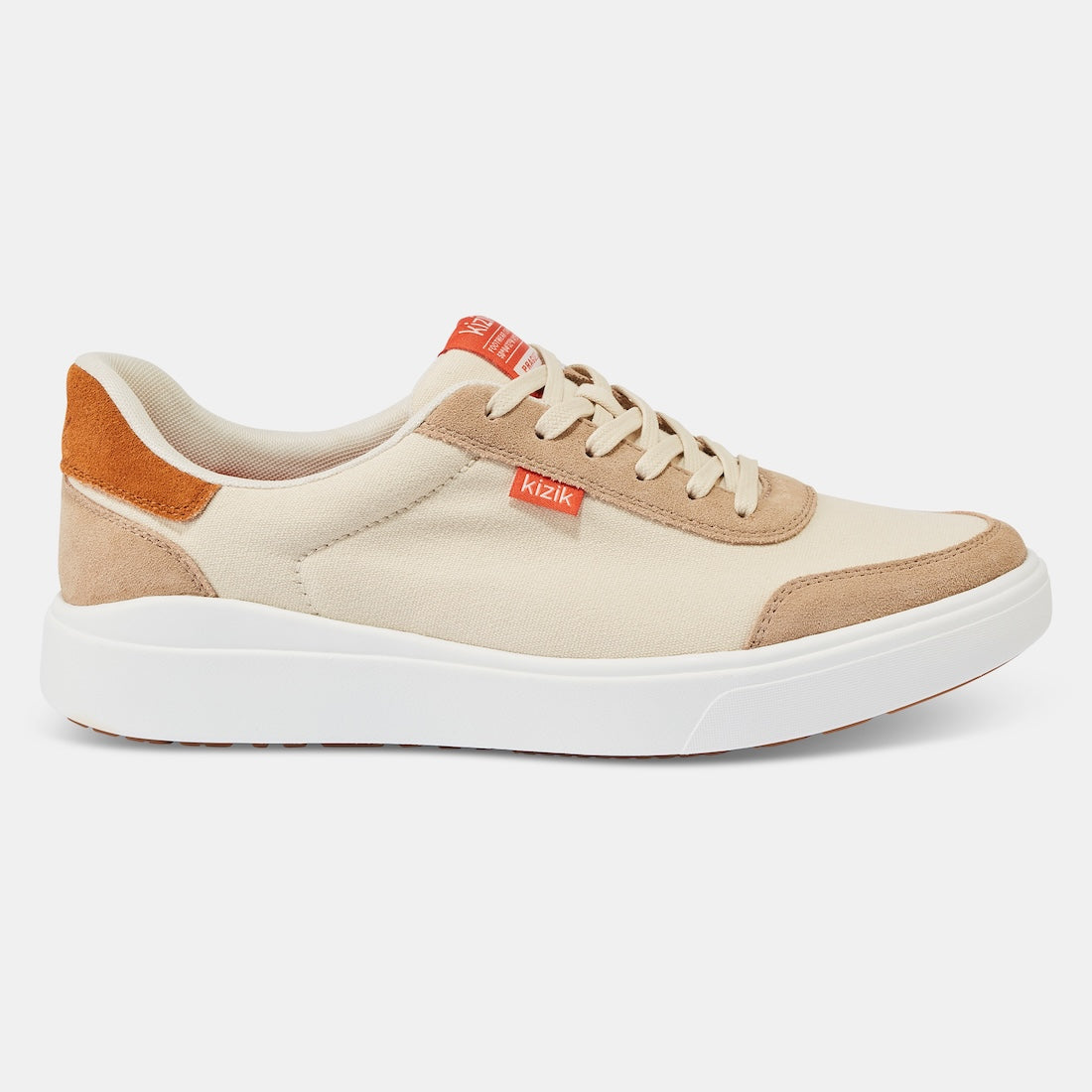 Kizik Prague 2.0 men's slip-on trainers with white, beige, and orange accents, leather and textile upper, arch support, casual style.