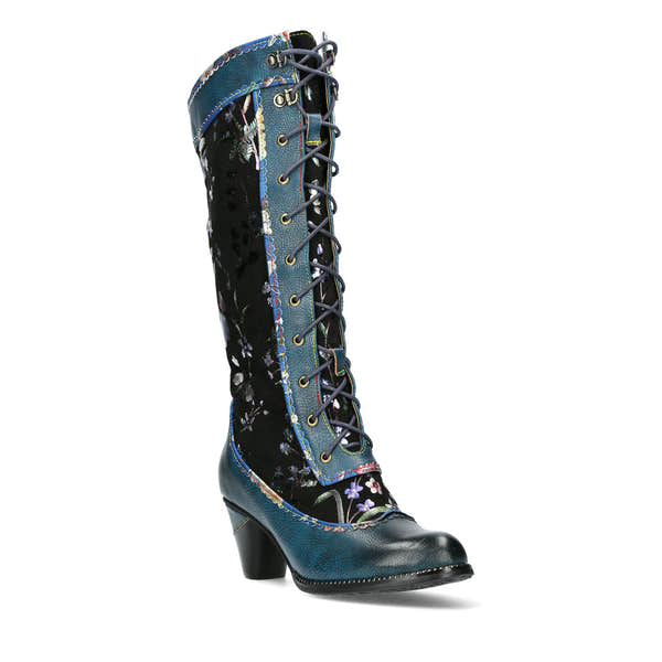 Laura Vita Alcizeeo 180 Ladies Blue Leather & Textile Zip & Lace Knee High Boots-elevate your sole