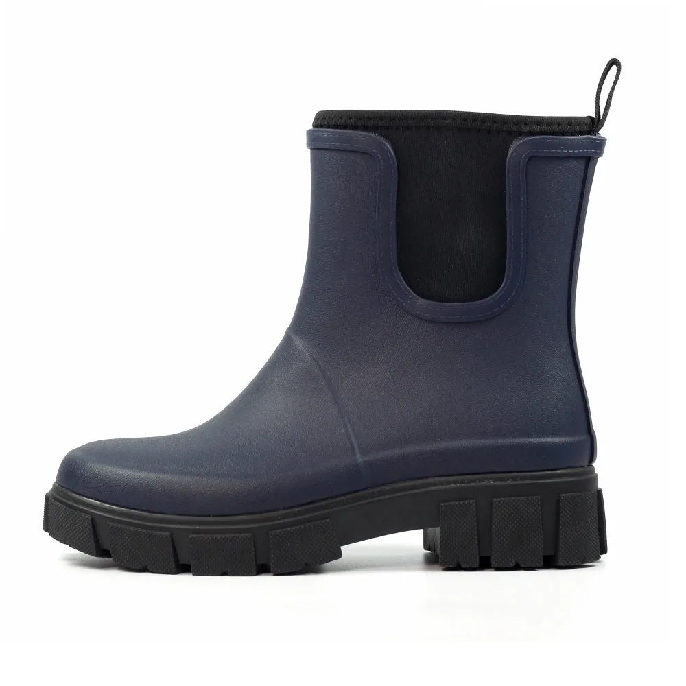 Lazy Dogs Lake Ladies Navy Waterproof Elasticated Wellies with chunky black sole and pull tab.