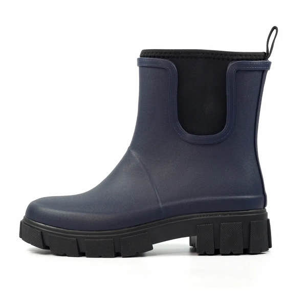 Lazy Dogs Lake Ladies Navy Waterproof Elasticated Wellies with chunky black sole and pull tab.