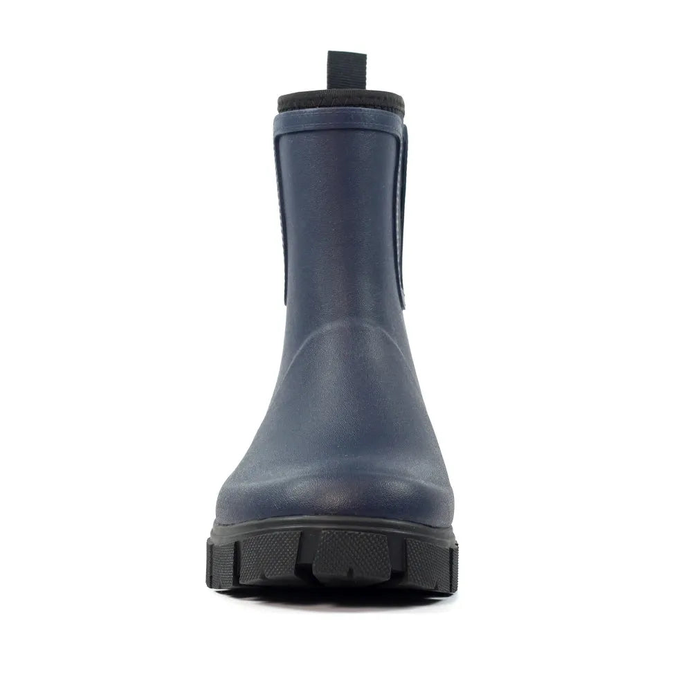 Lazy Dogs Lake Ladies Navy Waterproof Elasticated Wellies for women, durable rubber rain boots with traction soles.