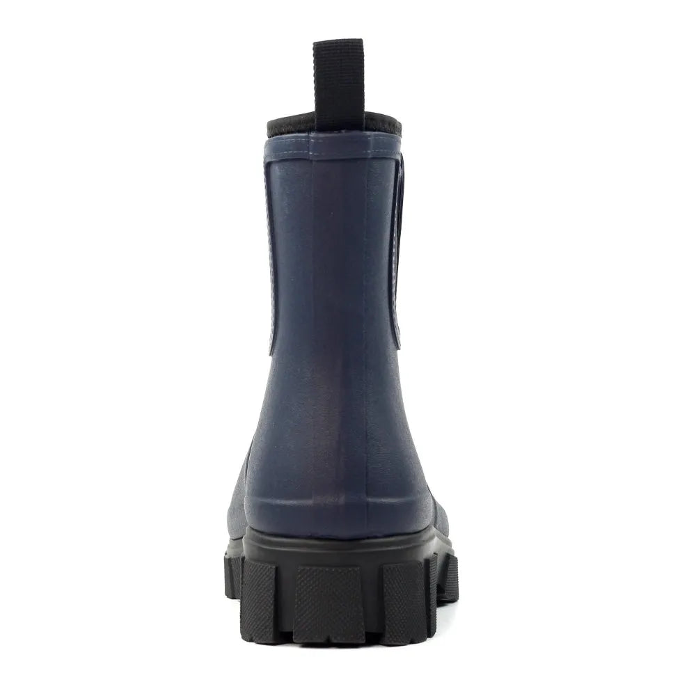 Ladies Navy waterproof elasticated wellies with chunky sole, suitable for outdoor and rainy weather.