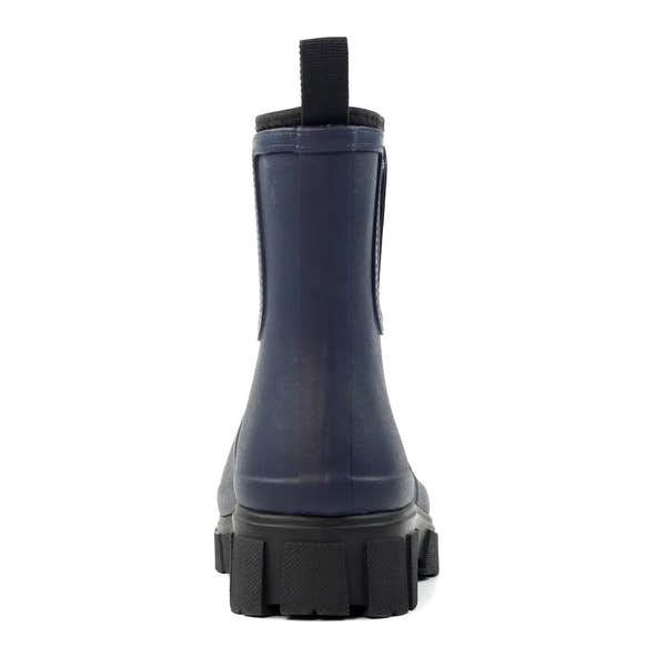 Ladies Navy waterproof elasticated wellies with chunky sole, suitable for outdoor and rainy weather.