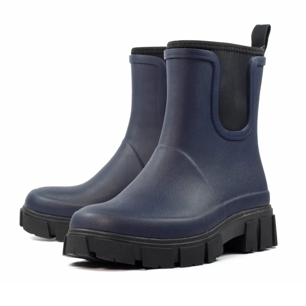 Lazy Dogs Lake Ladies Navy Waterproof Elasticated Wellies for women, slip-on style, rubber waterproof boots with rugged soles.