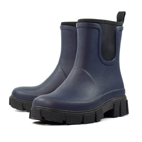 Lazy Dogs Lake Ladies Navy Waterproof Elasticated Wellies for women, slip-on style, rubber waterproof boots with rugged soles.