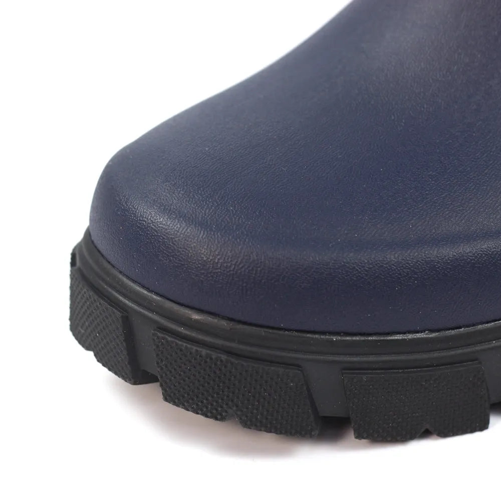 Lazy Dogs Lake Ladies Navy waterproof elasticated wellies, slip-on rain boots with rugged soles, ideal for wet conditions.