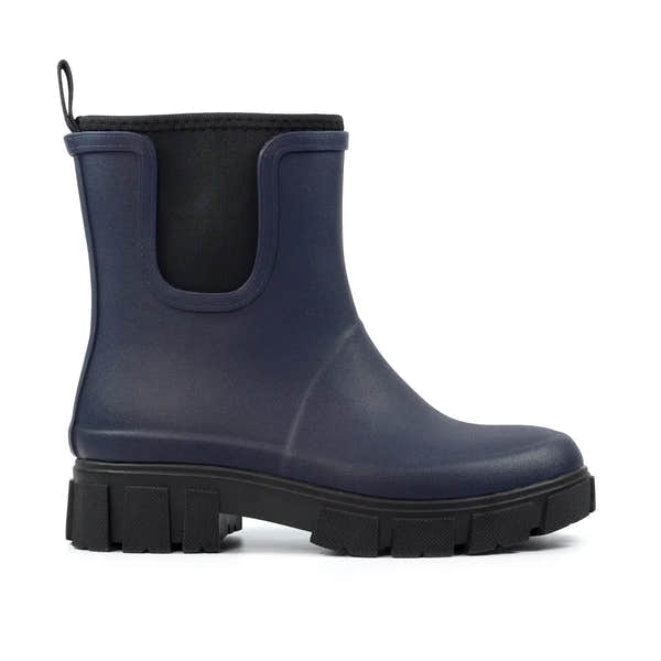 Lazy Dogs Lake Ladies Navy Waterproof Wellies with elasticated sides and chunky black soles.