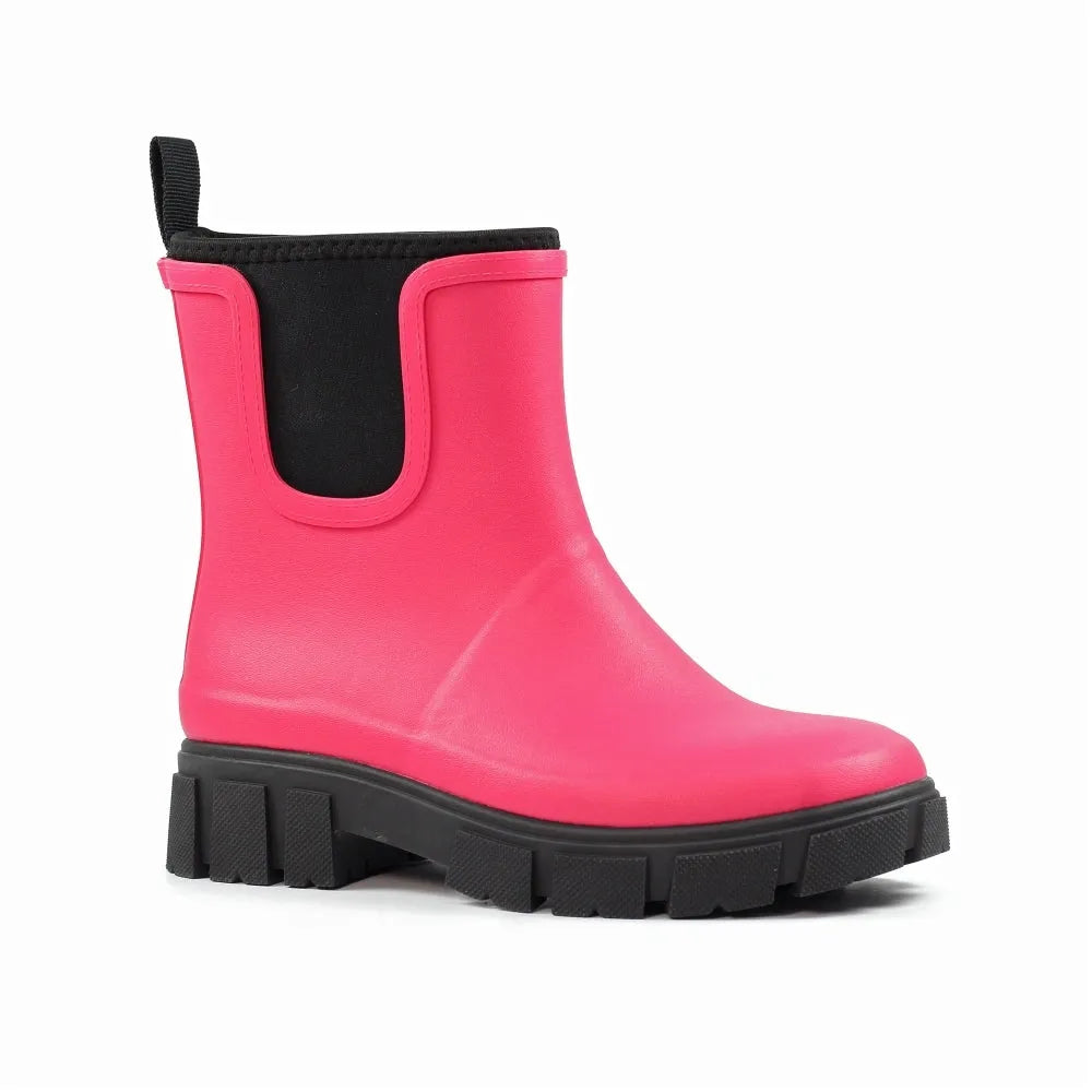 Pink waterproof elasticated wellies for women, Lazy Dogs Lake Ladies, with chunky black sole and pull-tab.