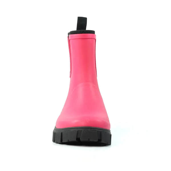Pink waterproof women's wellies with elasticated sides and rugged black sole, ideal for wet outdoor activities.