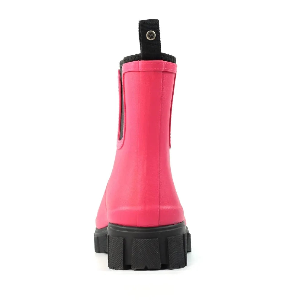 Pink waterproof elasticated wellies for women, with rugged black soles and pull-tab for easy wear.