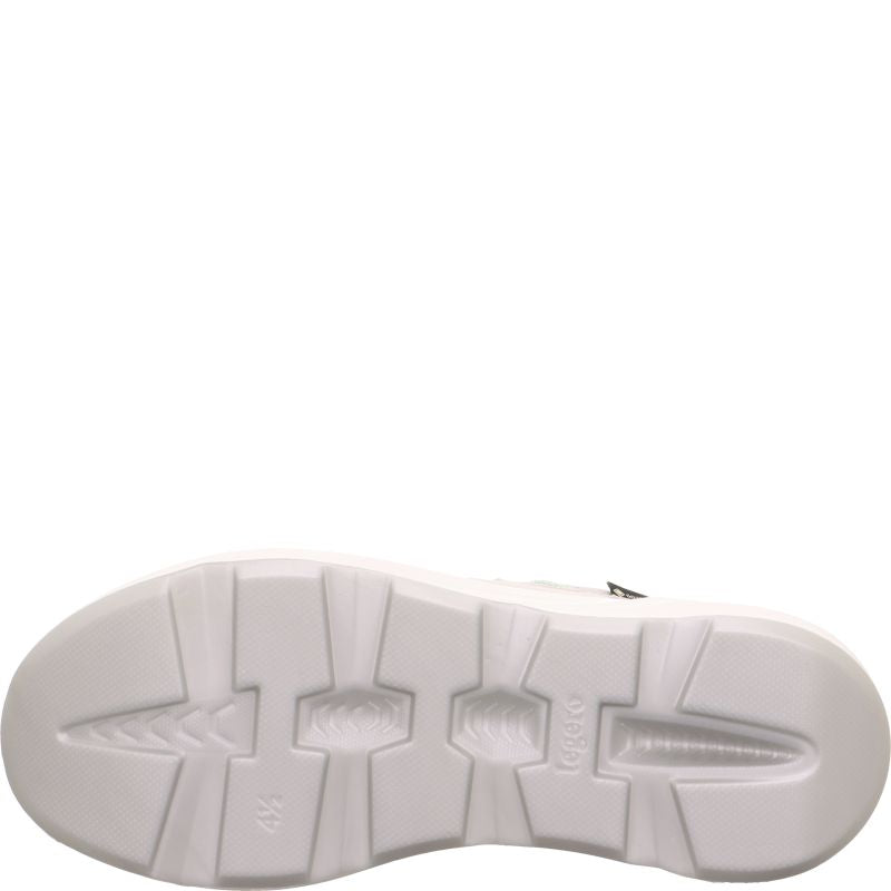 Legero Bliss Ladies Grey Waterproof Textile Lace-Up Trainers with slip-resistant white sole and detailed tread pattern.