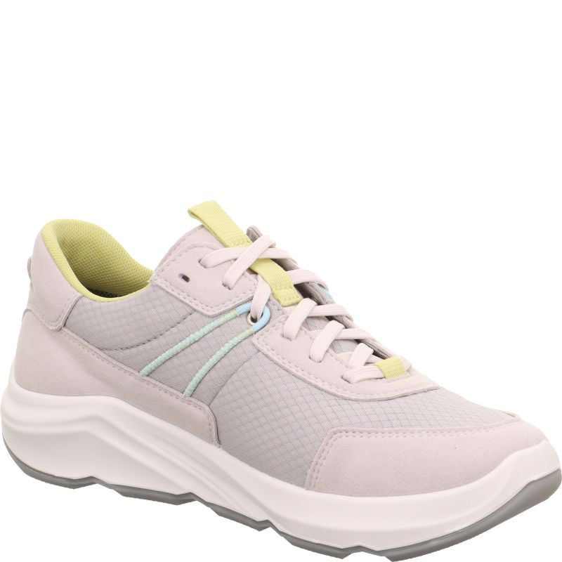Legero Bliss Ladies Grey Waterproof Textile Lace-Up Trainers with cushioned interior and sporty design.