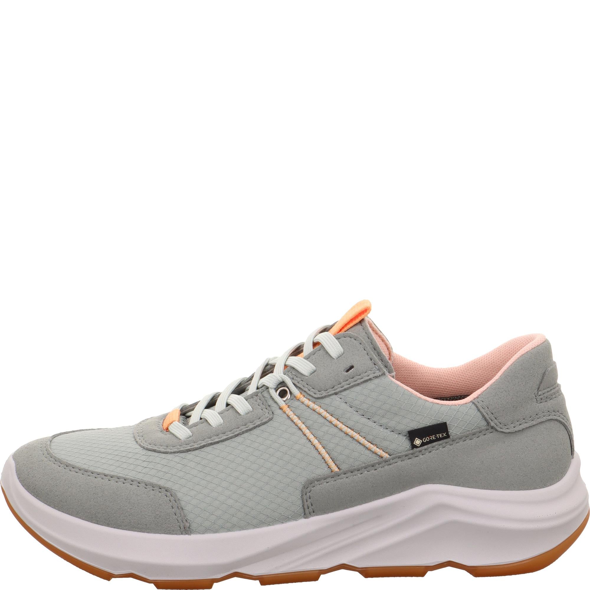 Legero Bliss waterproof ladies' green textile lace-up trainers with cushioned pink lining and chunky white sole.
