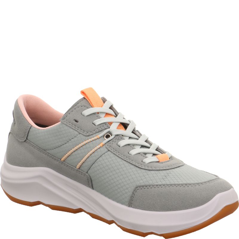 Legero Bliss ladies waterproof green textile lace-up trainers with cushioned sole and pink interior, ideal for walking and sports.