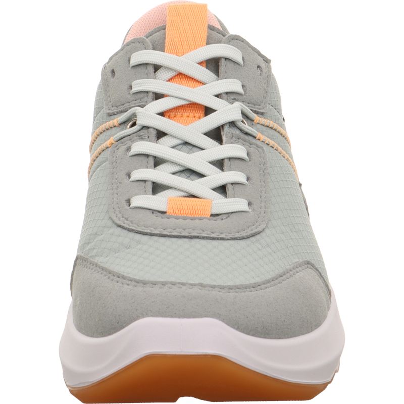 Legero Bliss ladies' green waterproof textile lace-up trainers with grey and orange accents, lightweight and breathable athletic footwear.