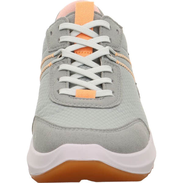 Legero Bliss ladies' green waterproof textile lace-up trainers with grey and orange accents, lightweight and breathable athletic footwear.