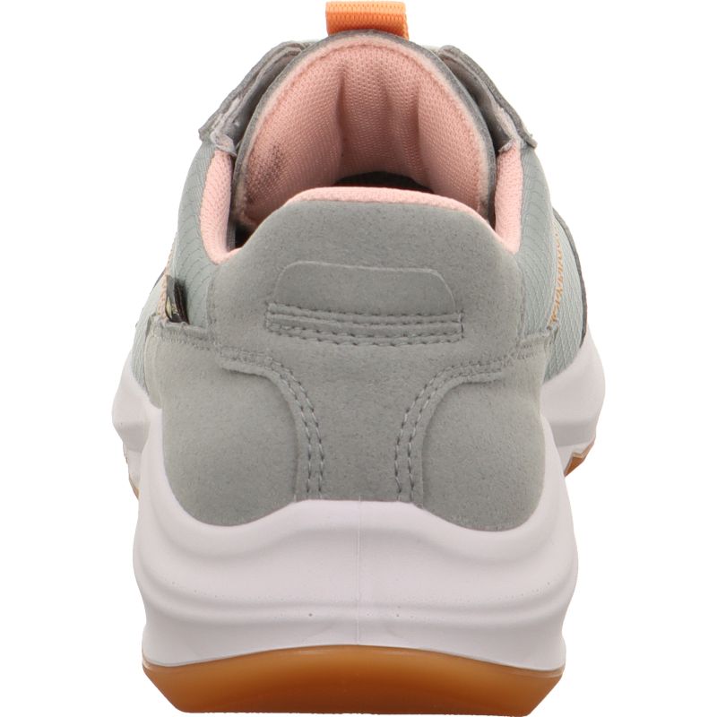 Legero Bliss Ladies Green Waterproof Textile Lace-Up Trainers, rear view with cushioned ankle collar and chunky white sole.