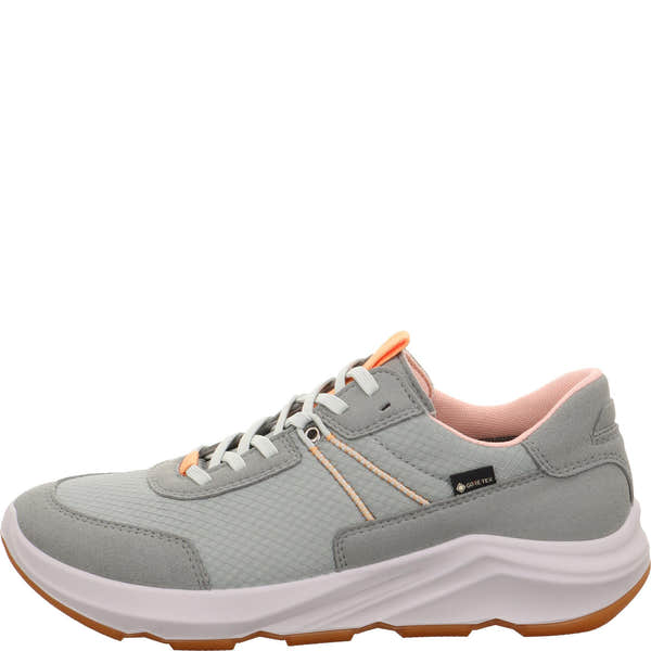 Legero Bliss Ladies Green Waterproof Textile Lace-Up Trainers with cushioned pink interior and chunky sole.