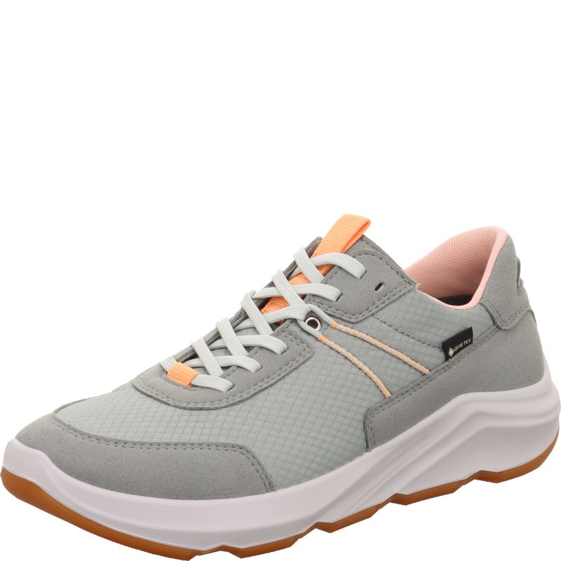 Legero Bliss ladies' green waterproof lace-up trainers with textile upper, cushioned collar, and chunky white sole for comfort.