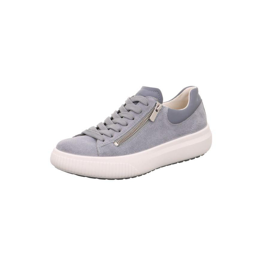 Legero T4 Jump Light Blue Leather Sneakers with zipper and lace-up design, cushioned white sole, and contrasting gray accents.