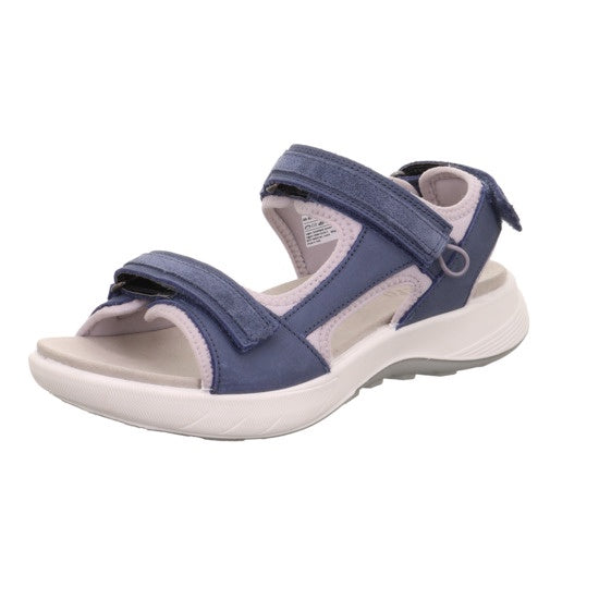 Legero Siris 2.0 women's blue leather touch-fastening sandals with cushioned white sole.