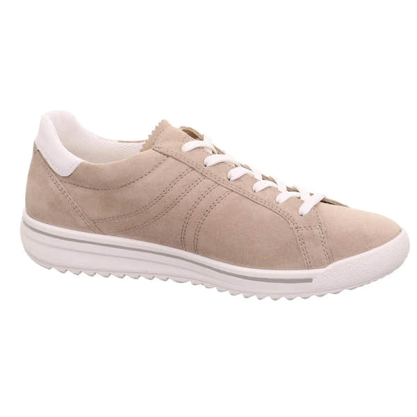Beige leather and textile lace-up shoe with white accents, cushioned collar, and white sole.