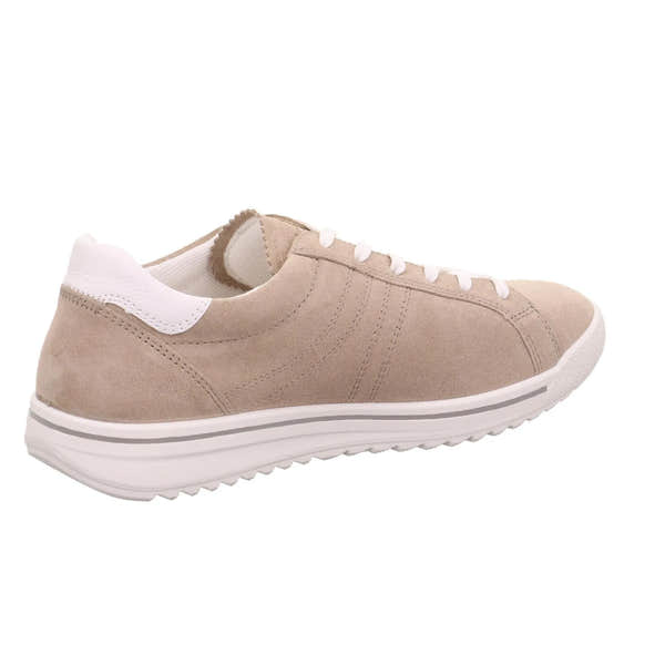 Beige leather and textile lace-up shoe with white sole, ergonomic design, and white accents at heel and laces.