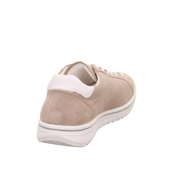 Legero Alia beige leather and textile lace-up women's shoes with a white sole, back detail, and cushioned design.
