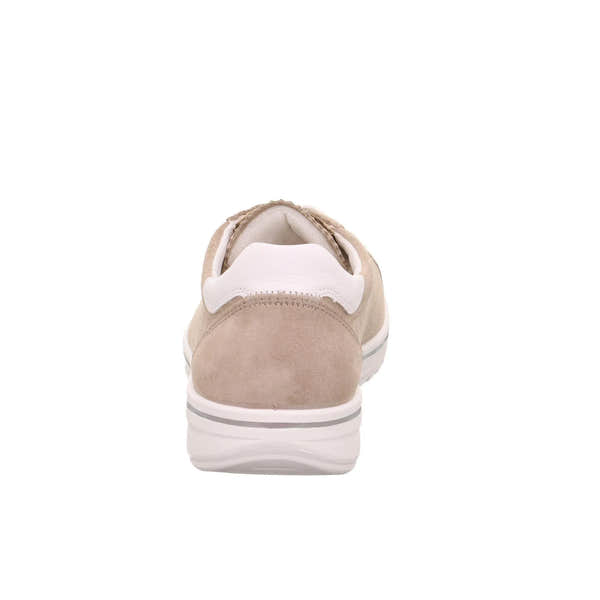 Legero Alia beige leather and textile lace-up shoes with a white heel tab and sole, designed for women.