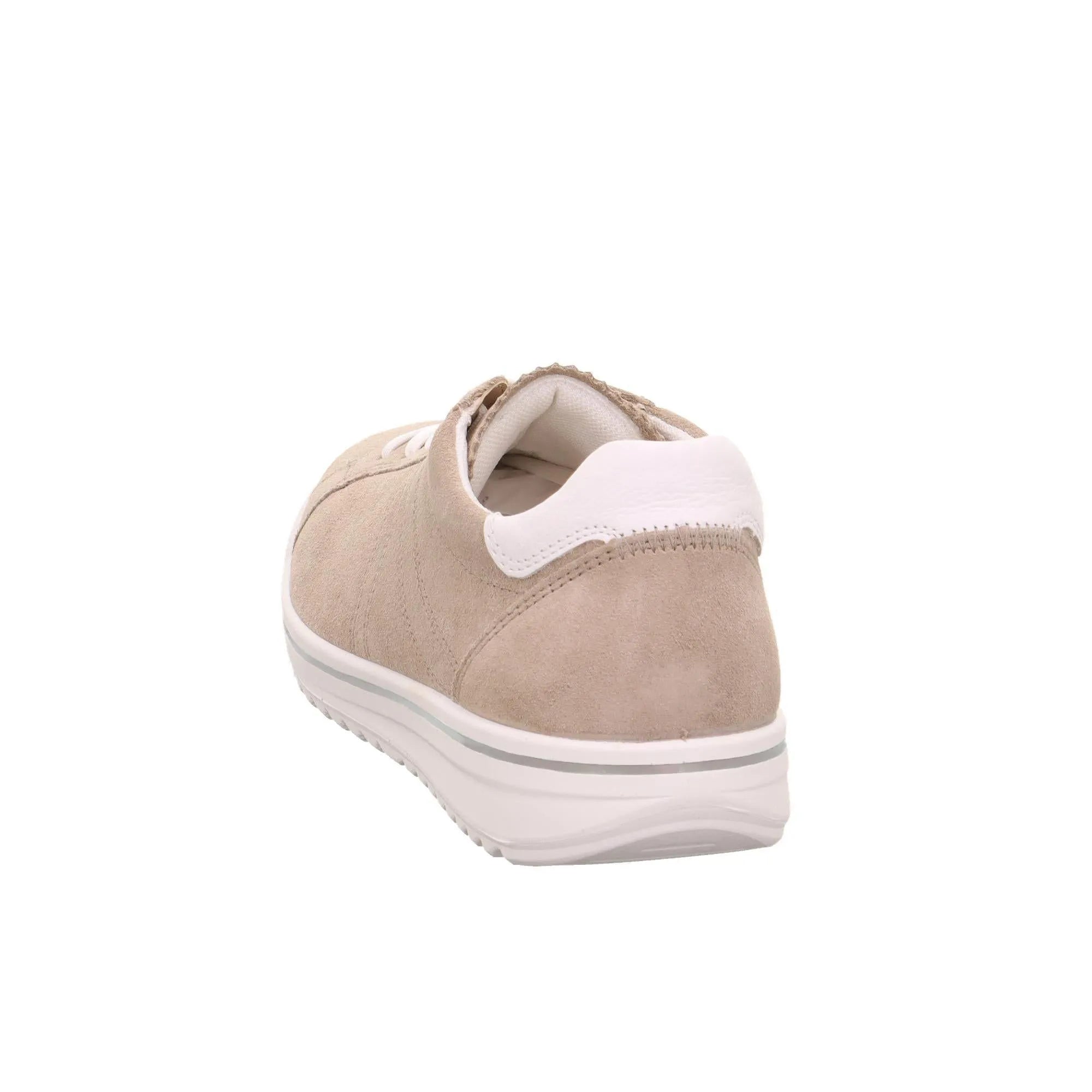 Beige leather and textile lace-up shoes with white accents, cushioned sole, and low heel for women.