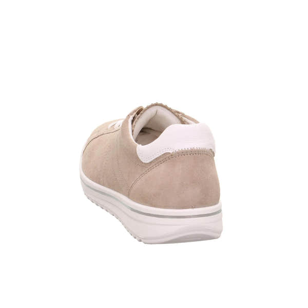 Beige leather and textile lace-up shoes with white accents, cushioned sole, and low heel for women.