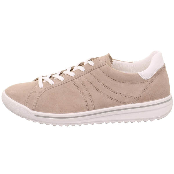 Legero Alia beige leather and textile lace-up shoe with white sole and details, designed for women.
