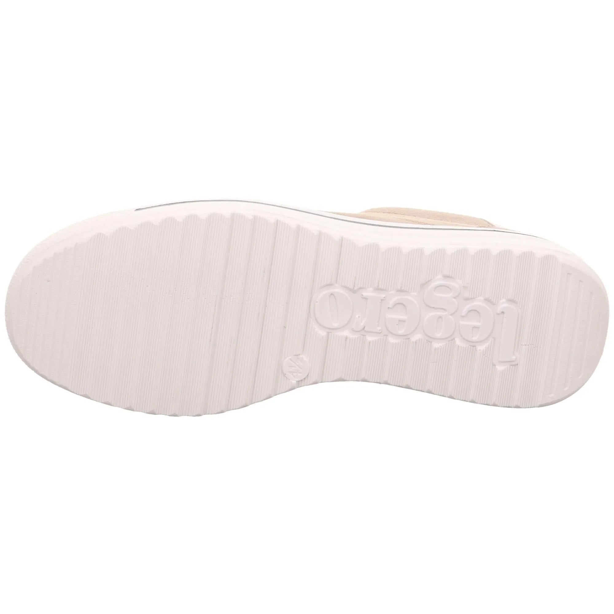 Beige leather and textile lace-up shoes with a white rubber sole, embossed with 