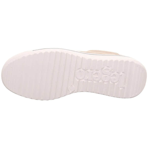 Beige leather and textile lace-up shoes with a white rubber sole, embossed with "L.GEOX" on the bottom.