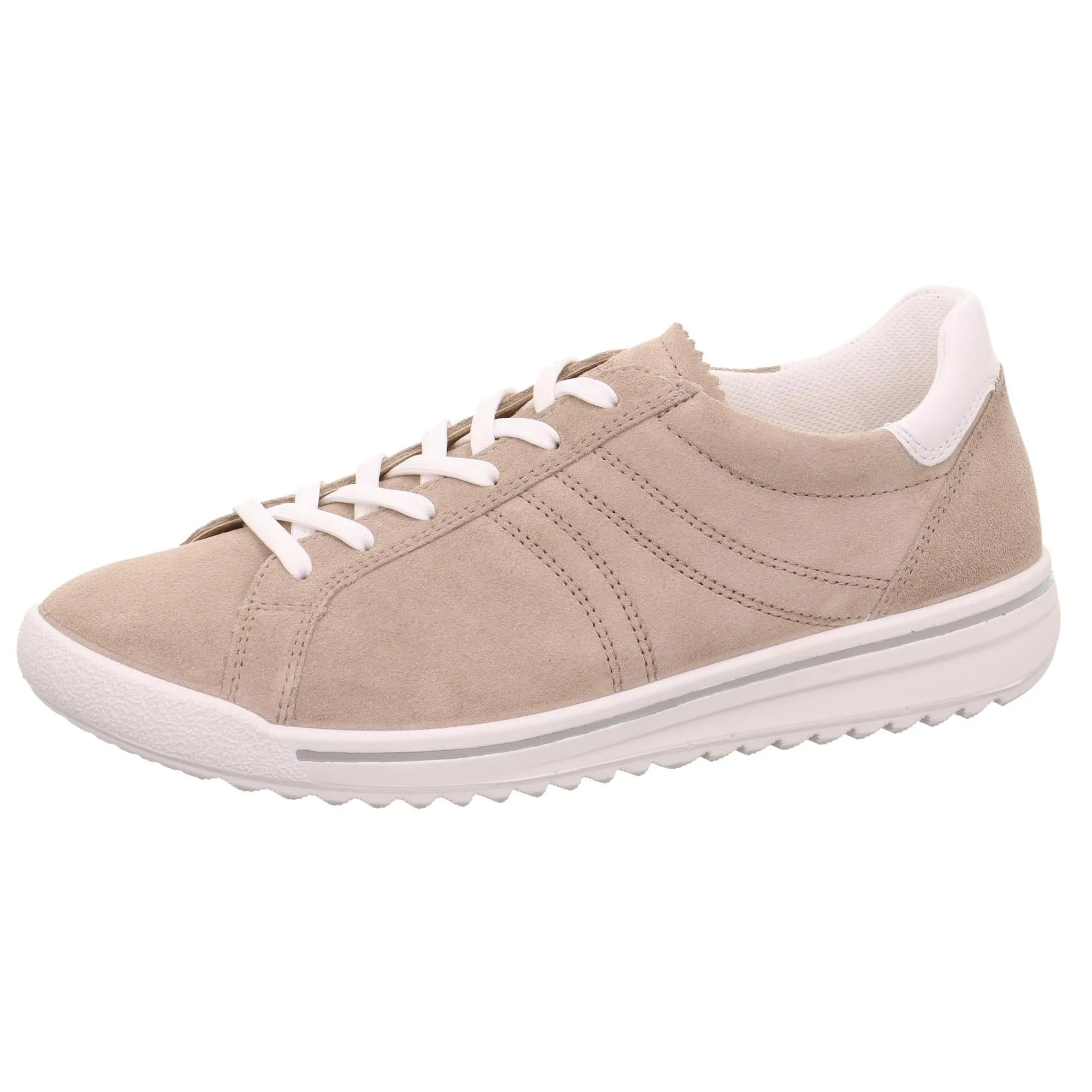 Legero Alia beige leather and textile lace-up shoe with white sole and accents, cushioned collar.