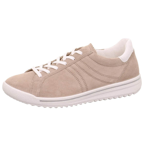 Legero Alia beige leather and textile lace-up shoe with white sole and accents, cushioned collar.