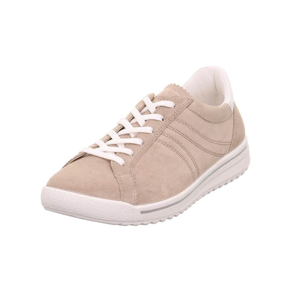 Legero Alia beige leather and textile lace-up women's sneaker with a white sole and padded collar.