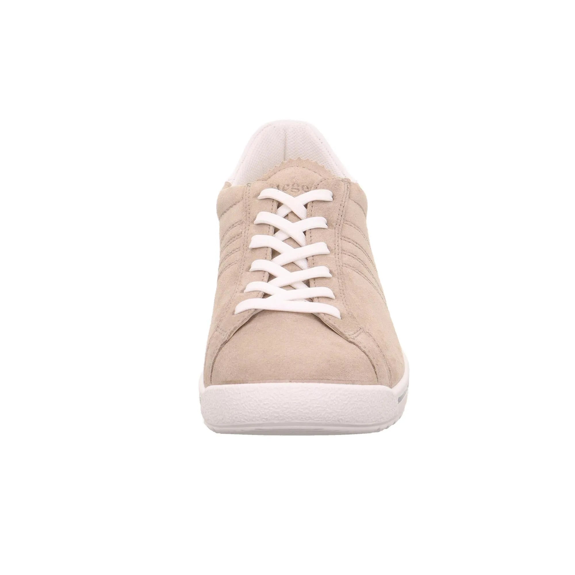 Beige leather and textile lace-up shoe with white sole and laces, stylish casual design for ladies.